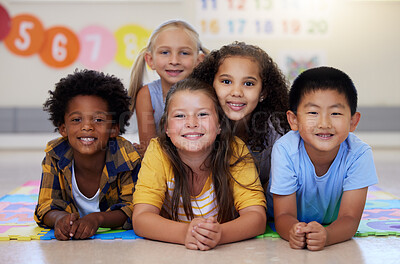 Buy stock photo Education, portrait or happy children in classroom learning or smiling in preschool together with support. Kids development, diversity or students with growth mindset for knowledge in kindergarten 