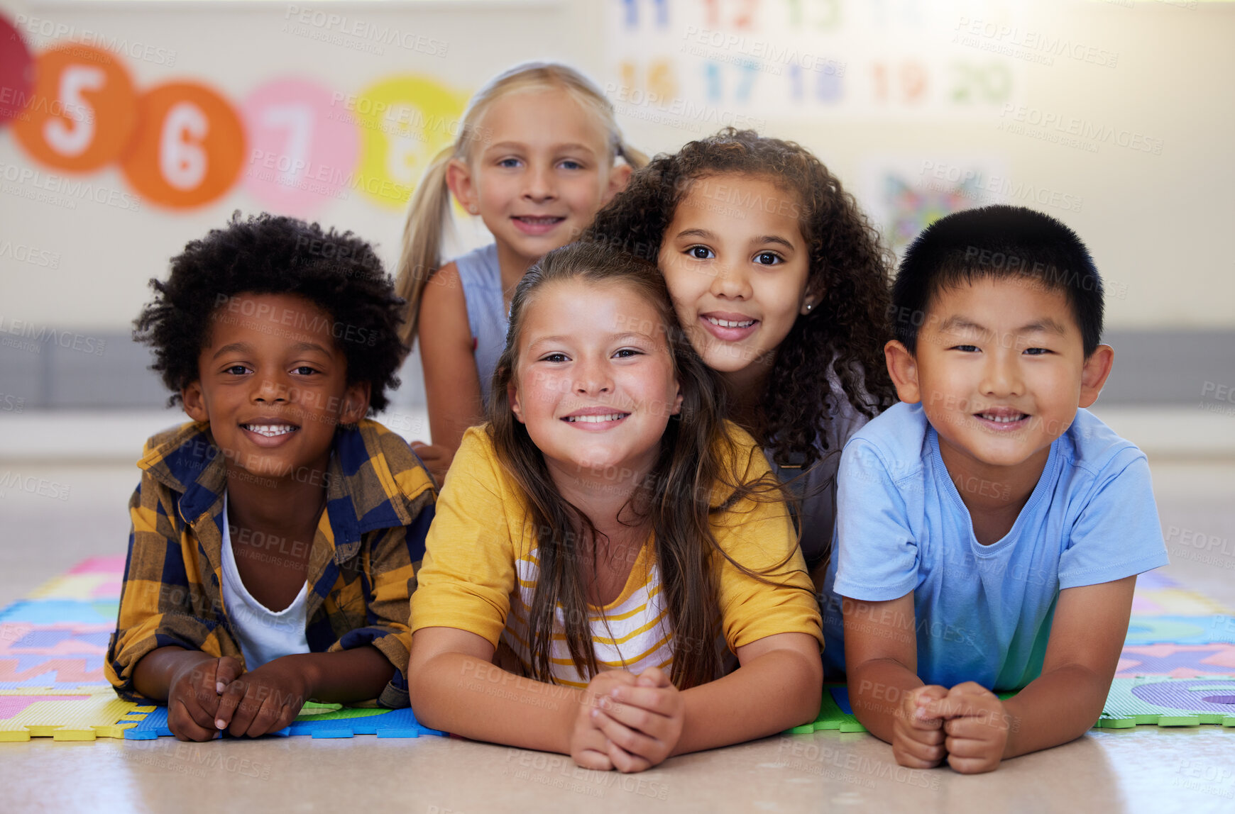 Buy stock photo Education, portrait or happy children in classroom learning or smiling in preschool together with support. Kids development, diversity or students with growth mindset for knowledge in kindergarten 