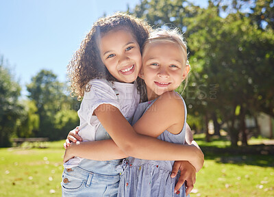 Buy stock photo Summer camp, portrait or happy children hugging in park together for fun, bonding or playing in outdoors. Fun girls, diversity or young best friends smiling or embracing on school holidays outside