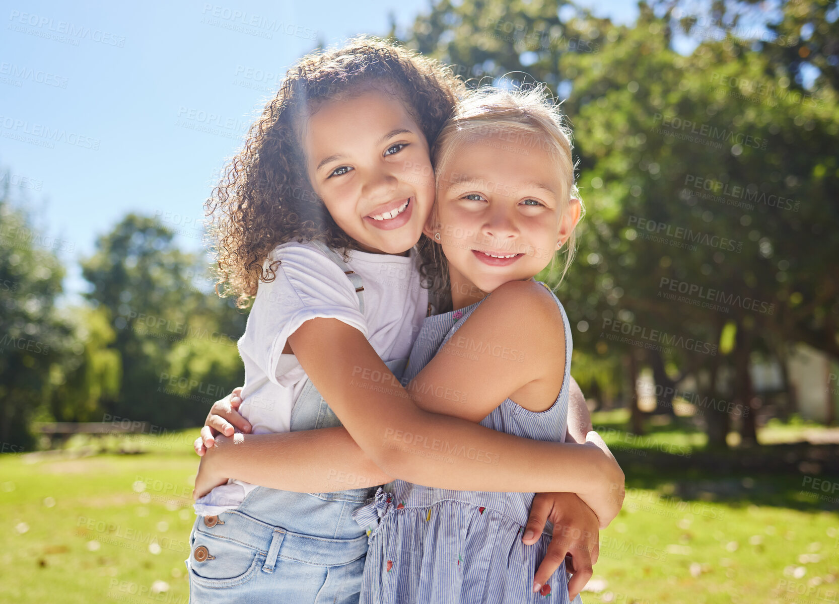 Buy stock photo Summer camp, portrait or happy children hugging in park together for fun, bonding or playing in outdoors. Fun girls, diversity or young best friends smiling or embracing on school holidays outside