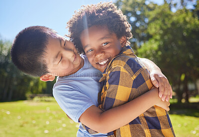 Buy stock photo Happy, children or friends hugging in park together for fun, bonding or playing in sunny summer. Portrait, diversity or excited young boy best friends smiling or embracing on school holidays outside