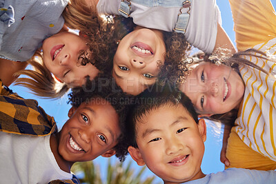 Buy stock photo Friends, smile and below portrait of children outdoors for summer holiday, weekend and playing games together. Childhood, friendship and group of kids in circle for diversity, community and support
