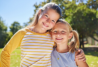 Buy stock photo Portrait, children and hug with friends in a park together for fun, bonding or playing in summer. Hugging, kids and love with girl best friends embracing in a garden in the day during school holidays