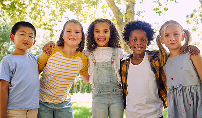 Buy stock photo Portrait, kids and a group of friends standing in a line together outdoor, feeling happy while having fun. Diversity, school and smile with children in a row, posing arm around outside in a park