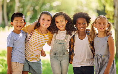 Buy stock photo Portrait, friends and children standing in a line together outdoor, feeling happy while having fun or playing. Diversity, school and smile with kids in a row, posing arm around outdoor in a park