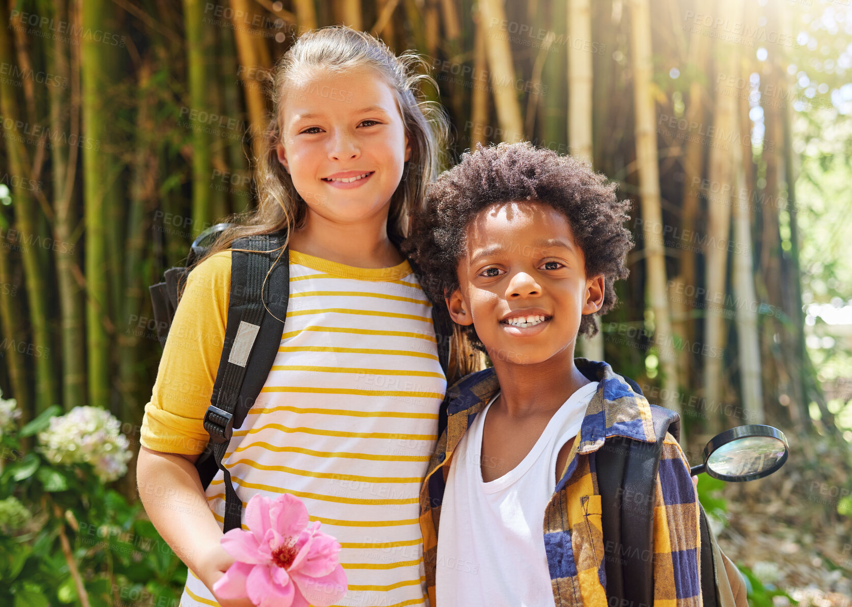 Buy stock photo Summer camp, portrait or happy kids in park together for fun break, bonding or playing in outdoors. Smile, diversity or young best friends smiling or embracing on school outing trip outside in nature