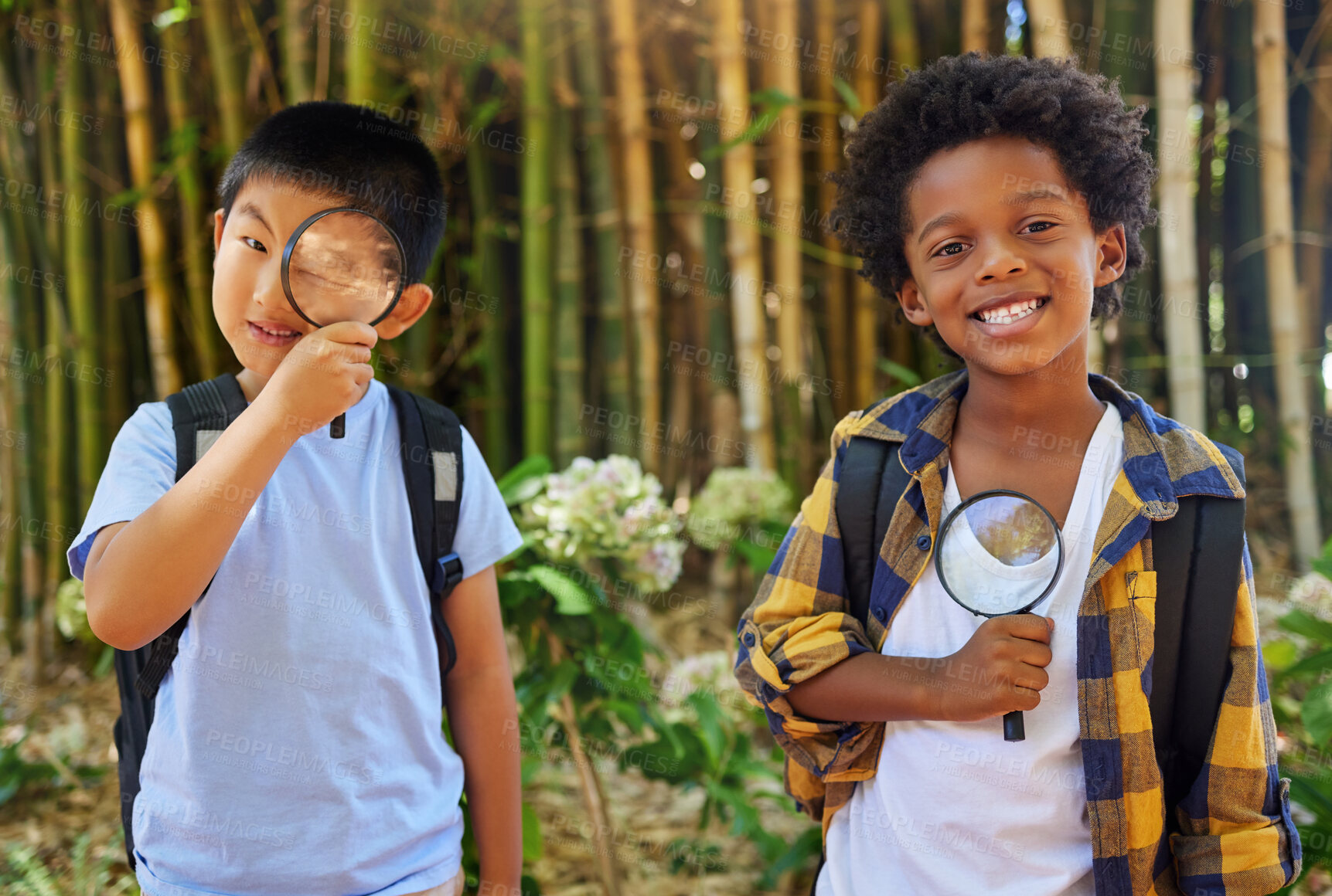 Buy stock photo Nature, magnifying glass and portrait of curious children exploring in park for education in sustainability and science. Friends, garden investigation and discovery, kids in summer looking at plants.