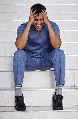 Buy stock photo Sad, doctor and scream with stress at hospital for medical mistake, depression and anxiety from healthcare burnout. Man, relax or shout on stairs with surgery news, mental health and emergency crisis