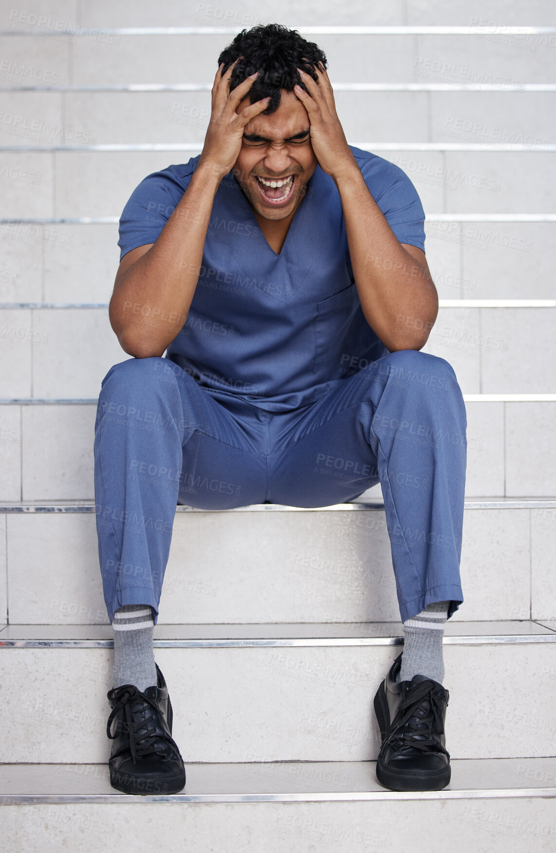 Buy stock photo Sad, doctor and scream with stress at hospital for medical mistake, depression and anxiety from healthcare burnout. Man, relax or shout on stairs with surgery news, mental health and emergency crisis