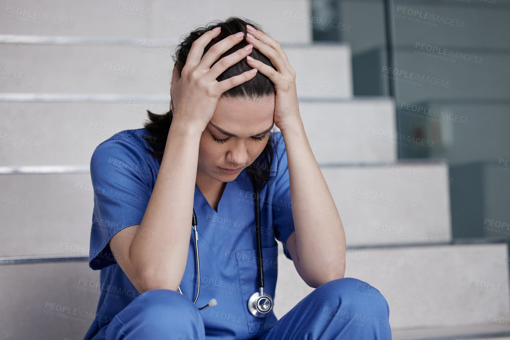 Buy stock photo Tired, doctor and migraine with stress at hospital for medical fail, depression and anxiety of burnout. Fatigue, female surgeon and headache from healthcare mistake, surgery news and emergency crisis