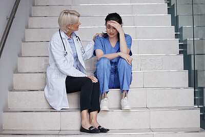 Buy stock photo Nurse, sad and doctor comfort in hospital for medical mistake, depression and anxiety of healthcare. People, consoling and crying with grief advice of surgery news, stress support and emergency fail
