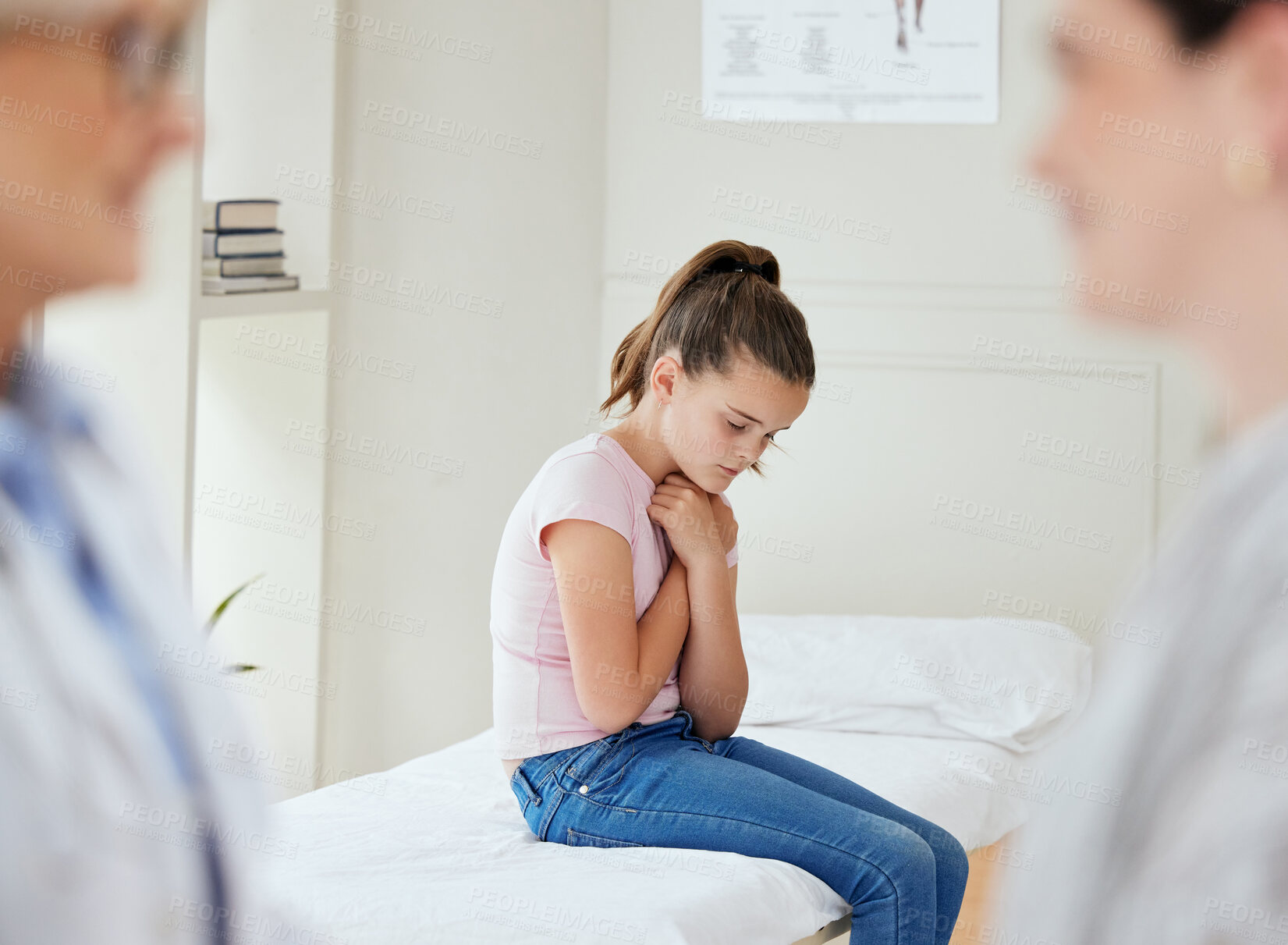 Buy stock photo Child, scared and doctor for examination in clinic for health, medicare and wellness. Mother, sad girl and pediatrician with fear, anxiety or stress for therapy treatment or depression diagnosis