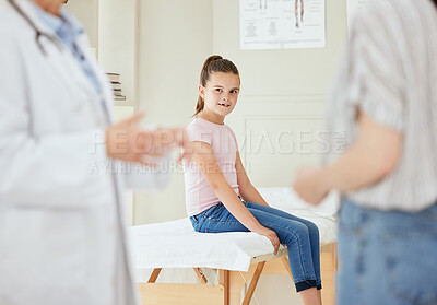 Buy stock photo Little girl, doctor and parent with consultation for checkup, appointment or explaining at hospital. Child, kid or healthcare professional talking to guardian for health advice or symptoms at clinic