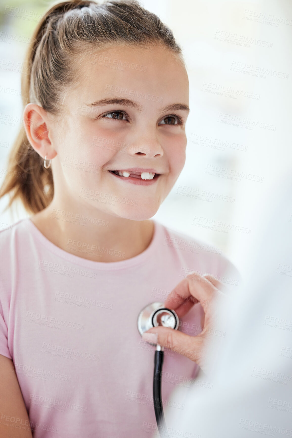 Buy stock photo Happy girl, doctor and checkup with heart beat for cardiology, appointment or visit at hospital. Female person, child or kid with stethoscope for exam, test or healthcare advice in clinic diagnosis