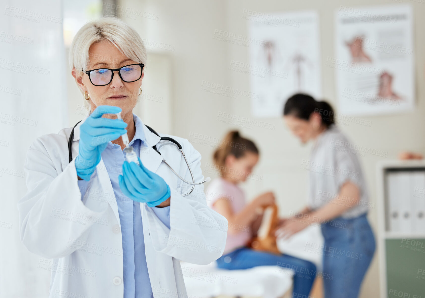 Buy stock photo Mature woman, doctor and needle with vaccination for patient, injection or flu shot at hospital. Pediatrician, healthcare or medical employee with vaccine for test, cure or antibiotic at clinic