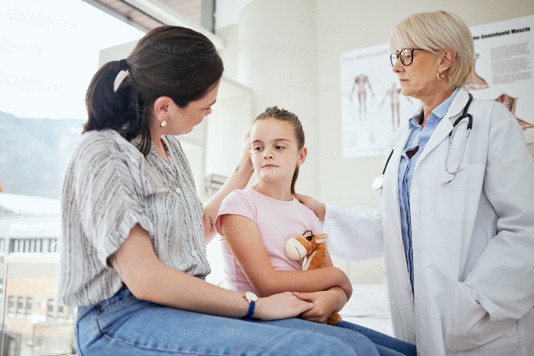 Buy stock photo Mom, girl and sad with pediatrician with diagnosis on illness, sickness and feedback or report at hospital. Female doctor, parent and worried with kid on consultation for healthcare with support