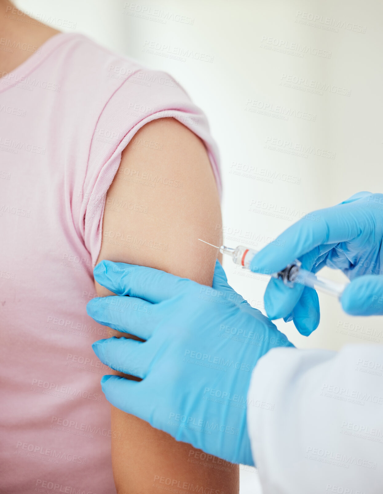 Buy stock photo Arm, doctor and hands with needle for injection, vaccination or flu shot at hospital appointment. Closeup, gloves and syringe with vaccine or jab for medical healthcare test, exam or cure at clinic