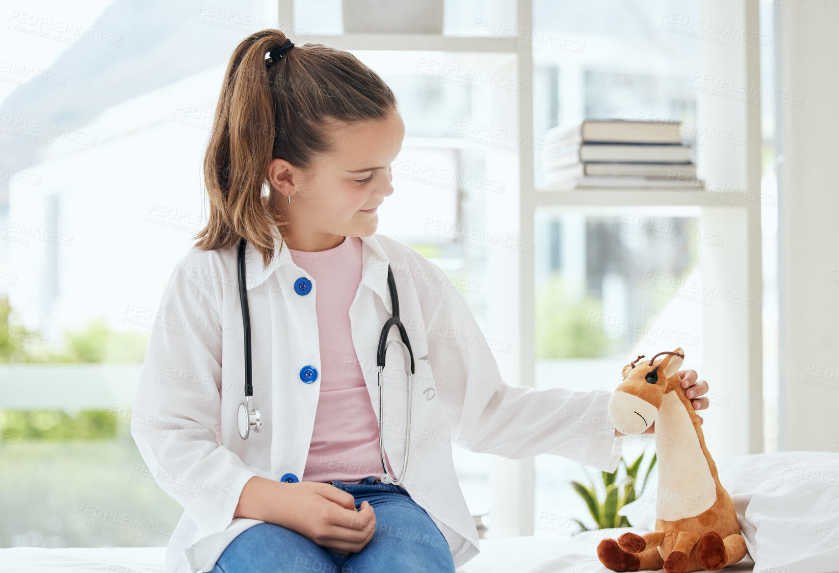 Buy stock photo Pretend, consultation and child doctor with teddy bear in home for fantasy, playing or imagination. Future, healthcare and girl medical worker with giraffe plush toy for cardiology checkup at house.