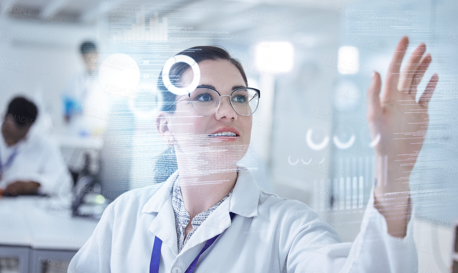 Buy stock photo Woman, scientist and happy with digital interface at laboratory for medical research and innovation. Female person, employee and smile with overlay for healthcare investigation, study and statistics