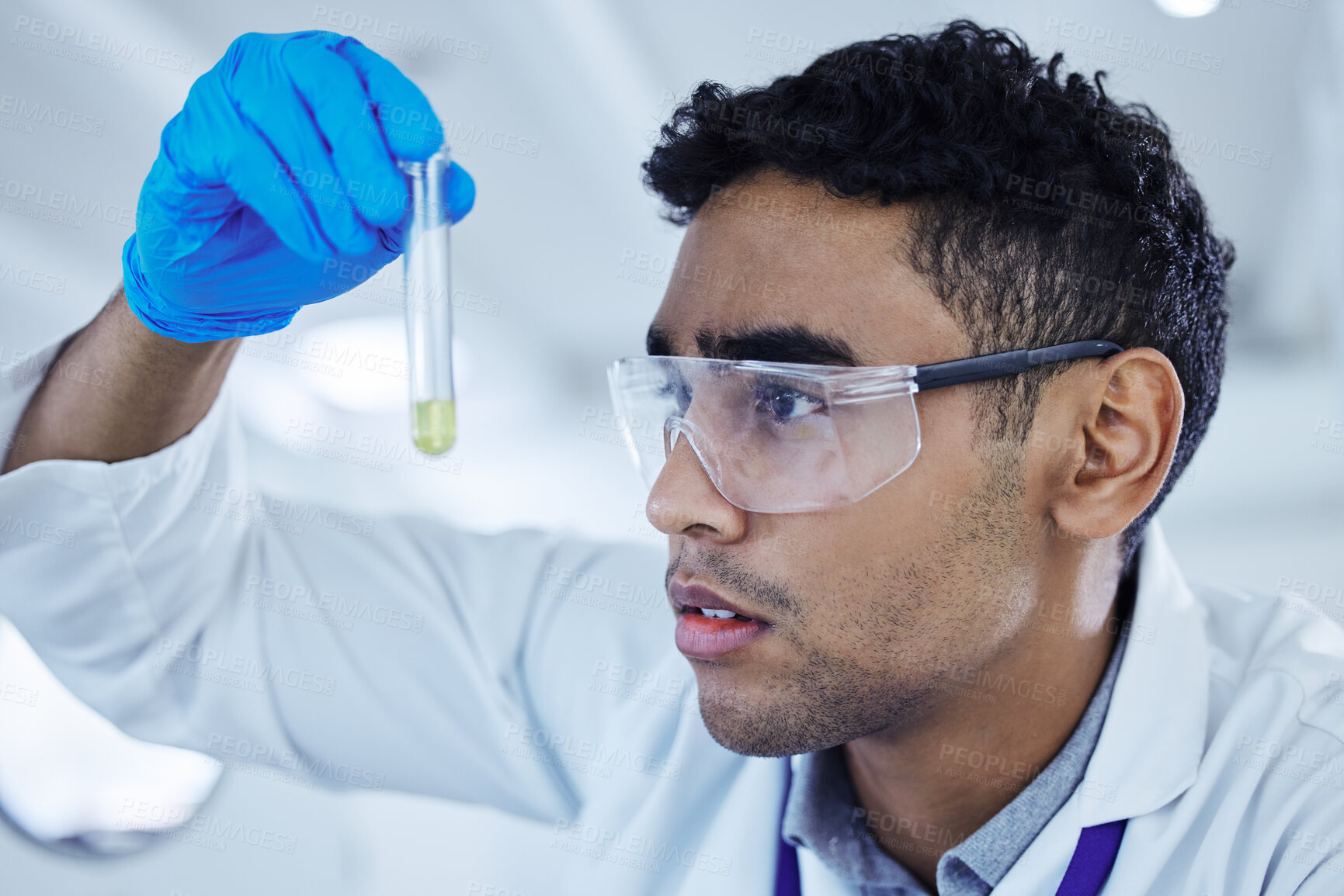 Buy stock photo Man, science and chemical in test tube for investigation, solution or problem solving in lab. Scientist, glass or PPE in research facility for medicine development, vaccine engineering or chemistry