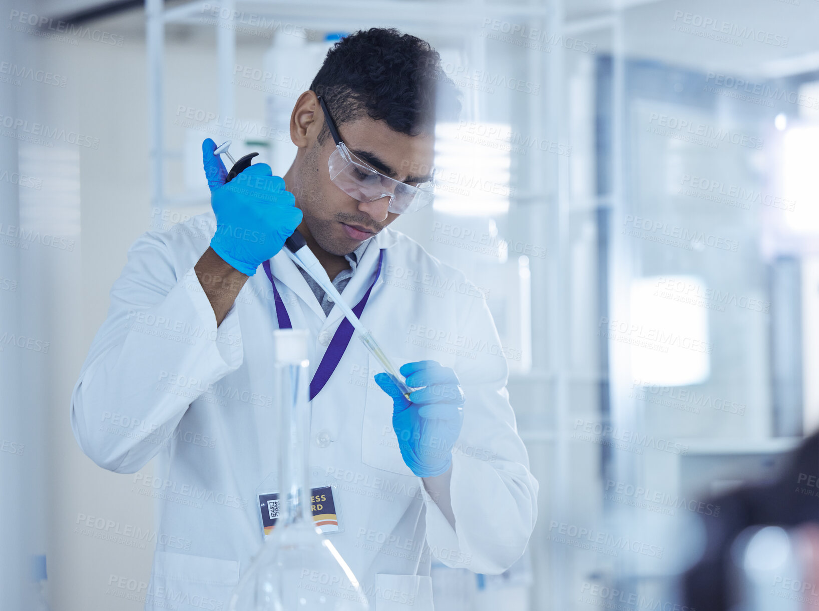 Buy stock photo Thinking, science and man in laboratory with illness sample for research, medical study or forensic investigation. Healthcare, pharmaceutical and scientist with pathology test or biology exam