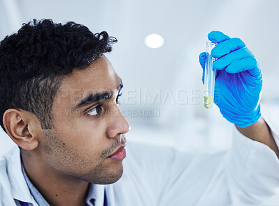 Buy stock photo Man, science and chemical in test tube for healthcare, solution and problem solving in lab. Scientist, glass and PPE in research facility for medicine development, vaccine engineering and chemistry