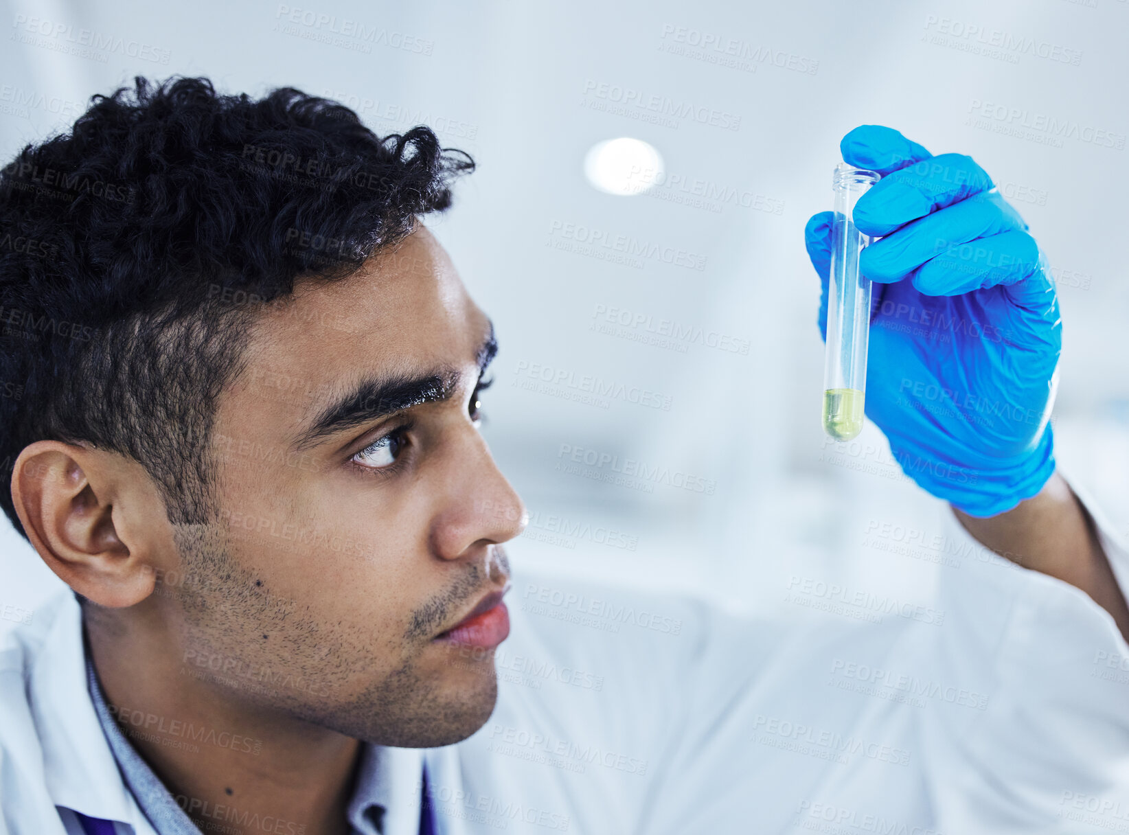 Buy stock photo Man, science and chemical in test tube for healthcare, solution and problem solving in lab. Scientist, glass and PPE in research facility for medicine development, vaccine engineering and chemistry