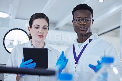Buy stock photo Science, black man or woman with a tablet, research or scientific experiment in a laboratory, medical or healthcare innovation. Coworkers, typing and female employee with male scientist or technology