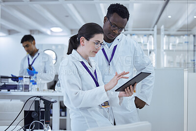 Buy stock photo Research, staff and black man with a woman, tablet and typing in a laboratory, science and healthcare innovation. Coworkers, researchers or female employee with male scientist, technology or teamwork