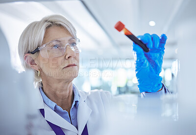 Buy stock photo Shot of a mature scientist analysing a blood sample in a test tube