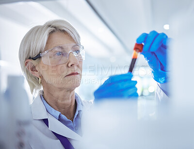 Buy stock photo Shot of a mature scientist analysing a blood sample in a test tube