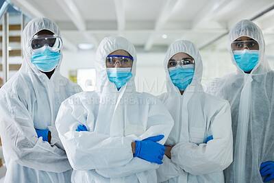 Buy stock photo Science, team or portrait with hazmat suit for biohazard, contamination or quarantine at hospital. Scientists, group or scientific investigator with confidence or masks for chemical disinfection