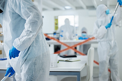 Buy stock photo People, disinfection or investigation team with hazmat suit for cleaning, health and safety in laboratory. Science, group or biohazard squad sanitizing workspace or lab for hygiene or sanitation