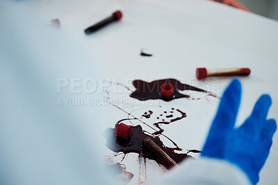 Buy stock photo Scientist, hands and blood samples with mess of DNA for investigation, crime scene or decontamination at lab. Closeup, science and chemical biologist with spill or gloves for safety or disinfection