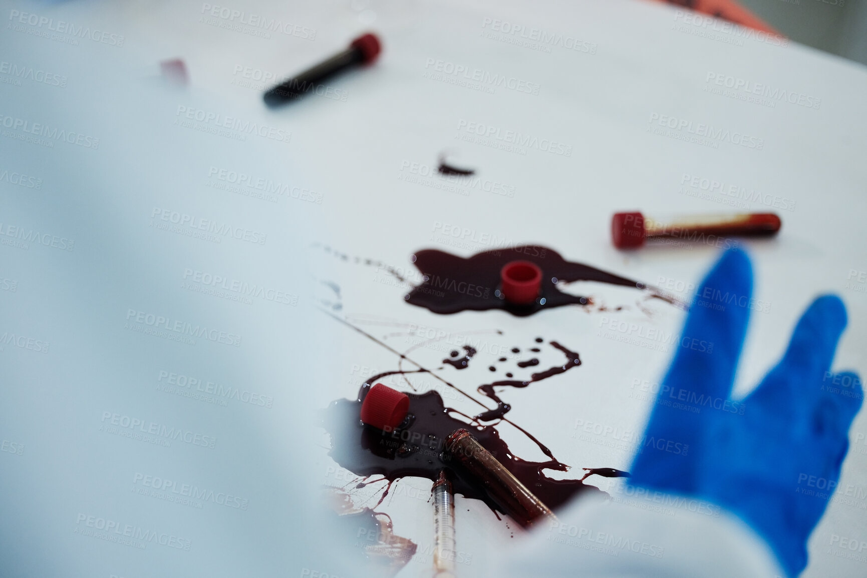 Buy stock photo Scientist, hands and blood samples with mess of DNA for investigation, crime scene or decontamination at lab. Closeup, science and chemical biologist with spill or gloves for safety or disinfection