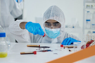 Buy stock photo Scientist, blood and mask with DNA for investigation, crime scene or decontamination at laboratory. Man, science and chemical biologist with suit for health, safety or protection in quarantine