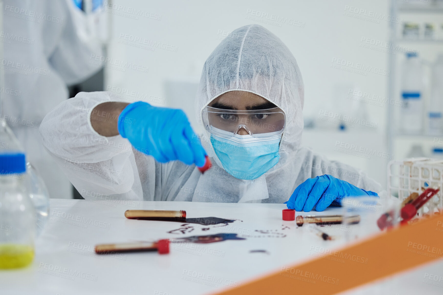 Buy stock photo Scientist, blood and mask with DNA for investigation, crime scene or decontamination at laboratory. Man, science and chemical biologist with suit for health, safety or protection in quarantine