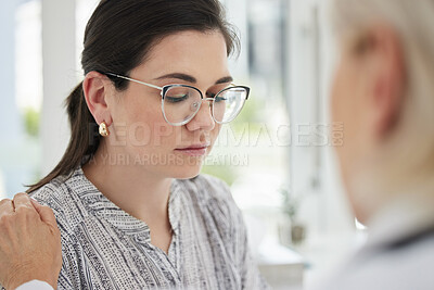 Buy stock photo Doctor, professional and sad woman with empathy, encouragement and help for healthcare, face or trust. Medical consultation, depressed patient and clinic with support of hospital results with touch.