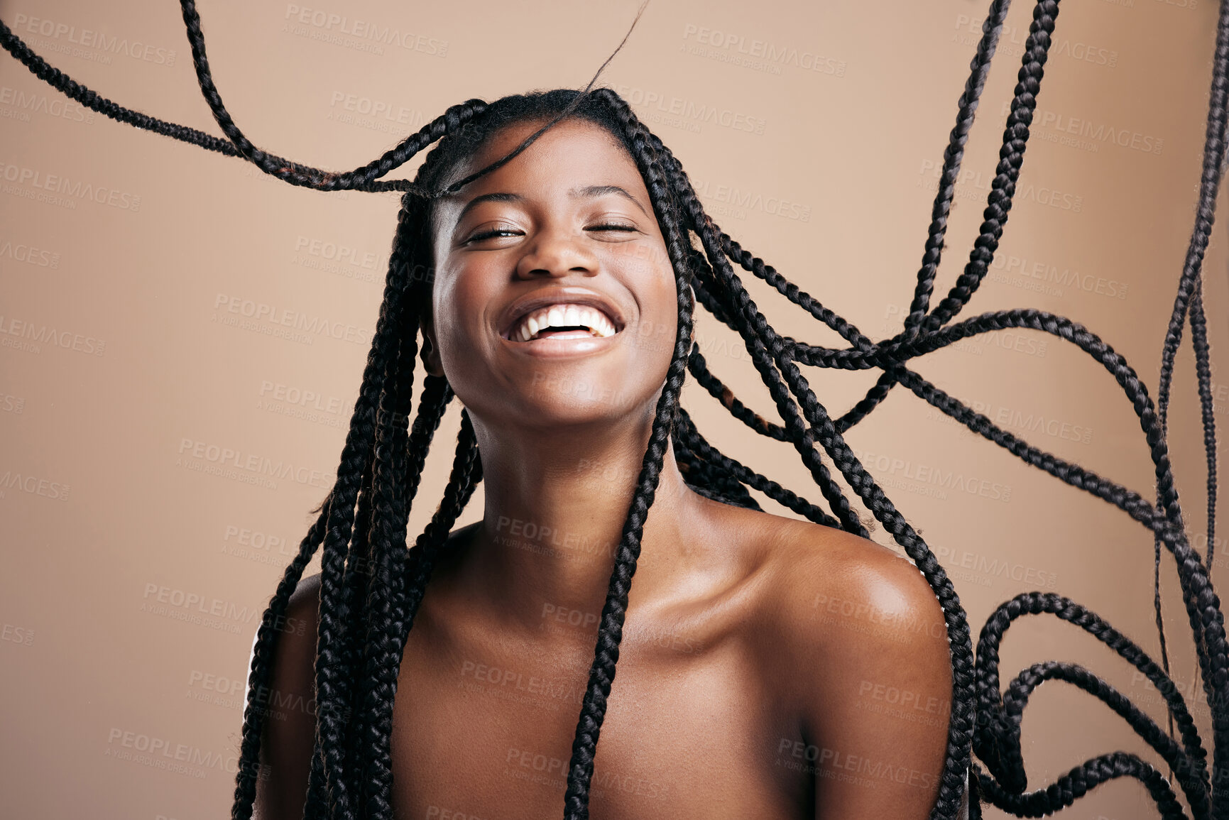 Buy stock photo Laughing, hair and black woman with braids, hairstyle and confident with texture of hairdo and haircare. Studio background, model and person with smile, happy and healthy with treatment and cosmetics