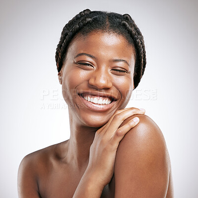 Buy stock photo Skincare, happy and portrait of black woman by studio background for dermatology, treatment and results. African person, relax and confidence with smile for natural beauty, cosmetics and facial glow