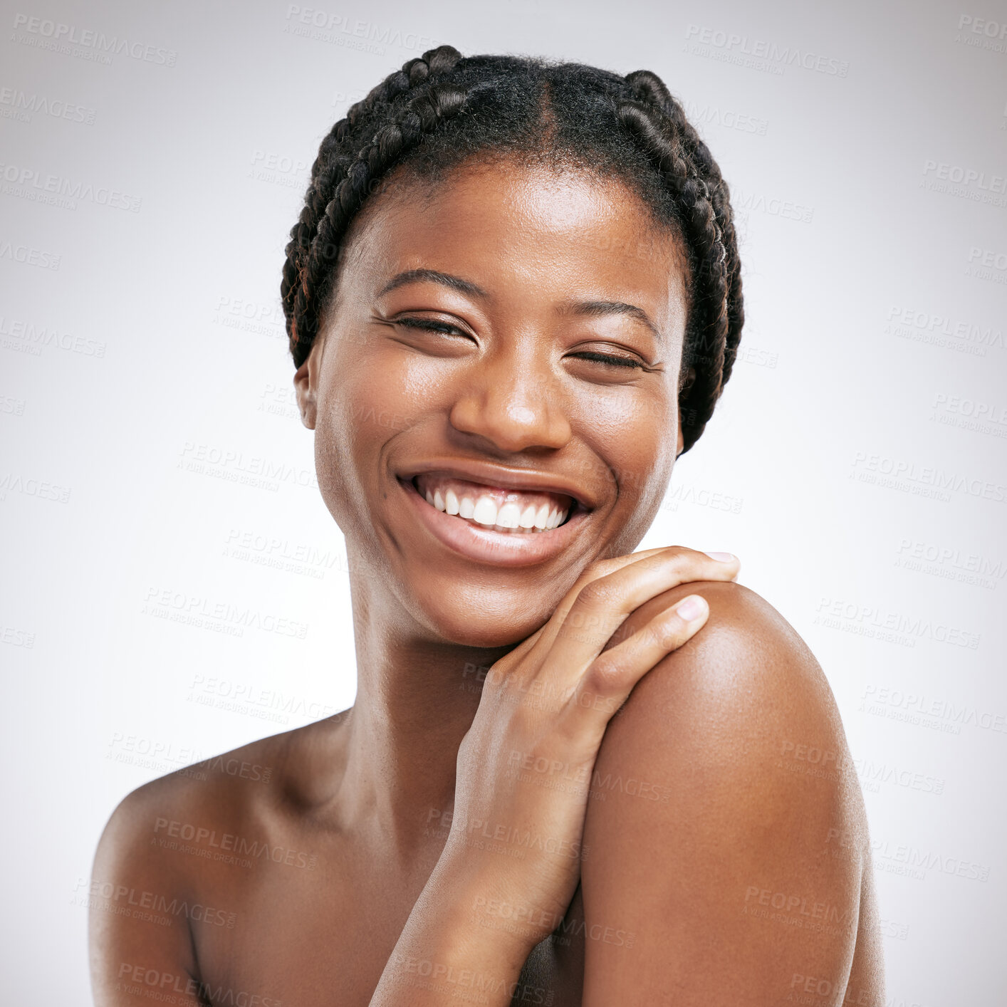 Buy stock photo Skincare, happy and portrait of black woman by studio background for dermatology, treatment and results. African person, relax and confidence with smile for natural beauty, cosmetics and facial glow