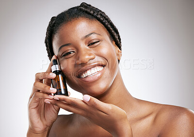 Buy stock photo Beauty, skincare and serum with portrait of black woman in studio for cosmetics, peptides and facial. Self care, glow and luxury extract with person on white background for clean, product and spa