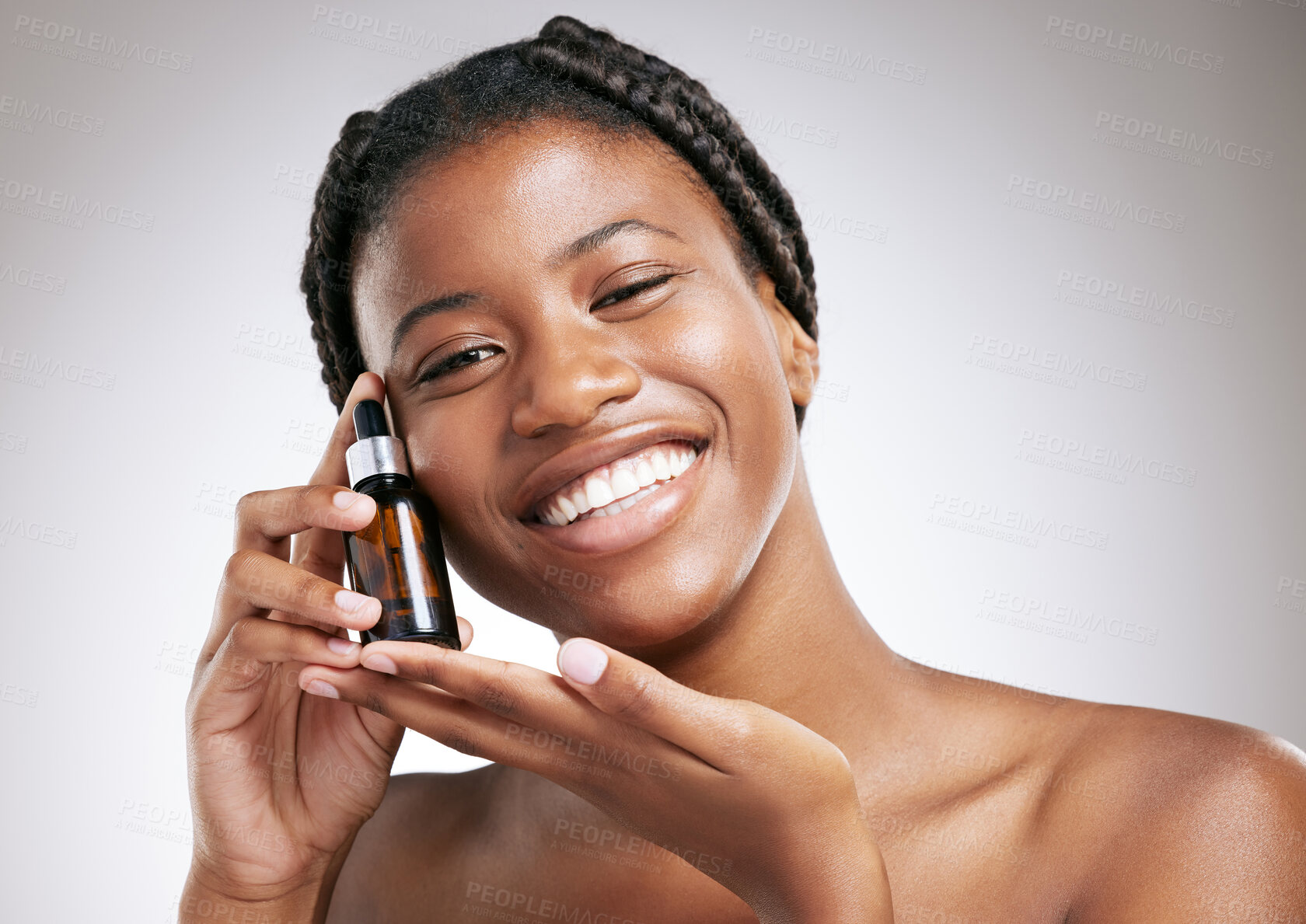 Buy stock photo Beauty, skincare and serum with portrait of black woman in studio for cosmetics, peptides and facial. Self care, glow and luxury extract with person on white background for clean, product and spa