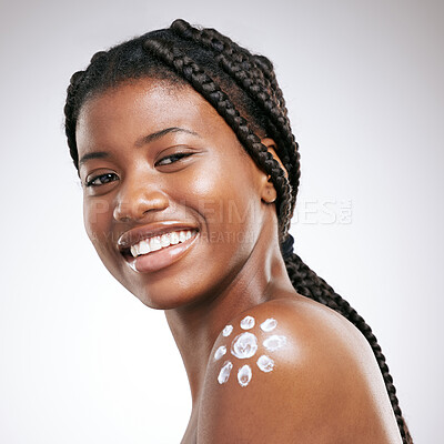 Buy stock photo Sunscreen, skincare and cream with portrait of black woman in studio for cosmetics, health and facial. Self care, beauty and shine with model on white background for lotion, uv protection and spa