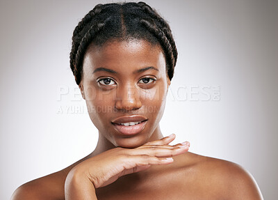 Buy stock photo Skincare, pride and portrait of black woman by studio background for cosmetics, treatment and results. African person, hand and shine with confidence for natural beauty, dermatology and facial glow