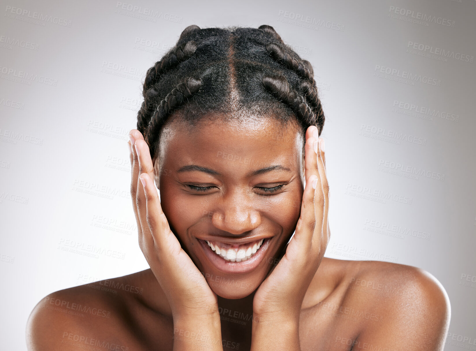 Buy stock photo Skincare, happy and hands of black woman by studio background for cosmetics, treatment and results. African person, pride and smile with confidence for facial glow, dermatology and natural beauty