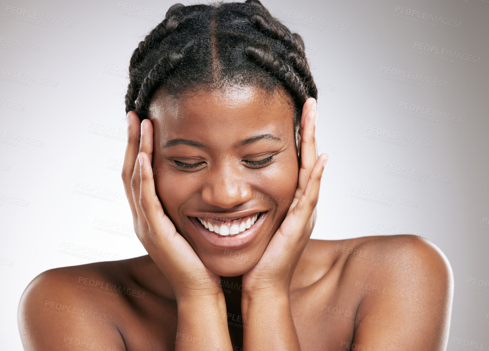 Buy stock photo Skincare, smile and hands of black woman by studio background for cosmetics, treatment and shine. African person, happy and confidence with results for facial glow, dermatology and natural beauty