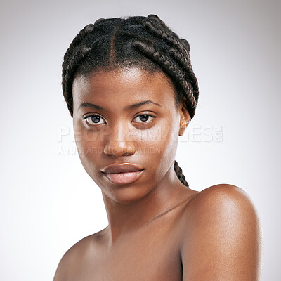 Buy stock photo Skincare, portrait and African woman by studio background for cosmetic, treatment and shine of results. Black person, relax and serious with pride for dermatology, facial glow and natural beauty