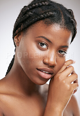 Buy stock photo Skincare, confident and portrait of black woman by studio background for dermatology, treatment and results. African person, relax and pride with shine for natural beauty, cosmetics and facial glow