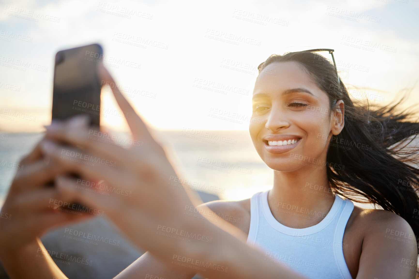 Buy stock photo Beach, woman and happy with selfie on holiday for social media post and profile picture in Mauritius. Female person, smile and satisfied on summer vacation for memories, relax and break with breeze